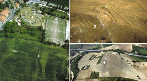 Aerial view of archaeological sites.