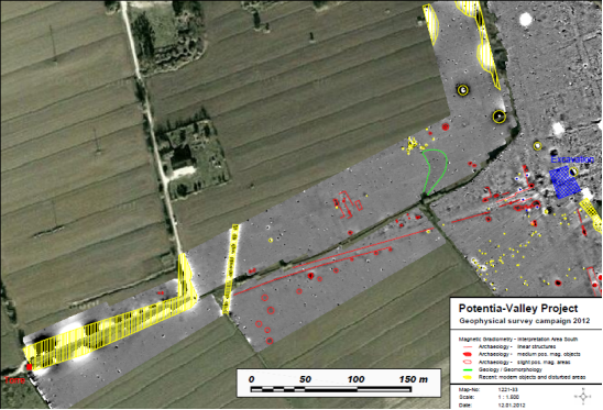 Magnetic survey interpretation in the zone West of the Westgate of Potentia (blue) . In red  the decumanus maximus and a series of monuments in the extramural area