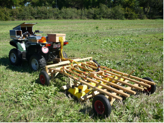 GPR system consisting of six 500 MHz antennas towed behind an ATV. The prism is mounted on the mobile platform to allow continuous tracking by a robotic total station.