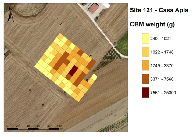 Distribution map of the ceramic building material at site Casa Apis. Several concentration zones with different composition of surface material indicate a Roman settlement with several units or buildings.