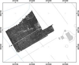 GPR slice from Potentia, at an estimated depth of 55- 60 cm, showing traces of the Roman road (no. 1), and of a small ditch, still visible at the surface (no. 2). Coordinate system: Gauss-Boaga - Fuso Est.