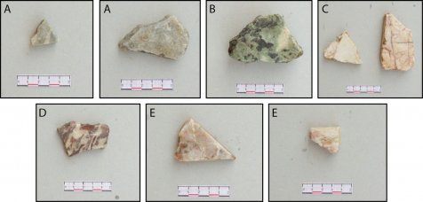  Overview of the polychrome marbles found during the 2005 Ricina survey: (A) cipollino verde; (B) verde antico; (C) breccia corallina; (D) fior di pesco; (E) portasanta.